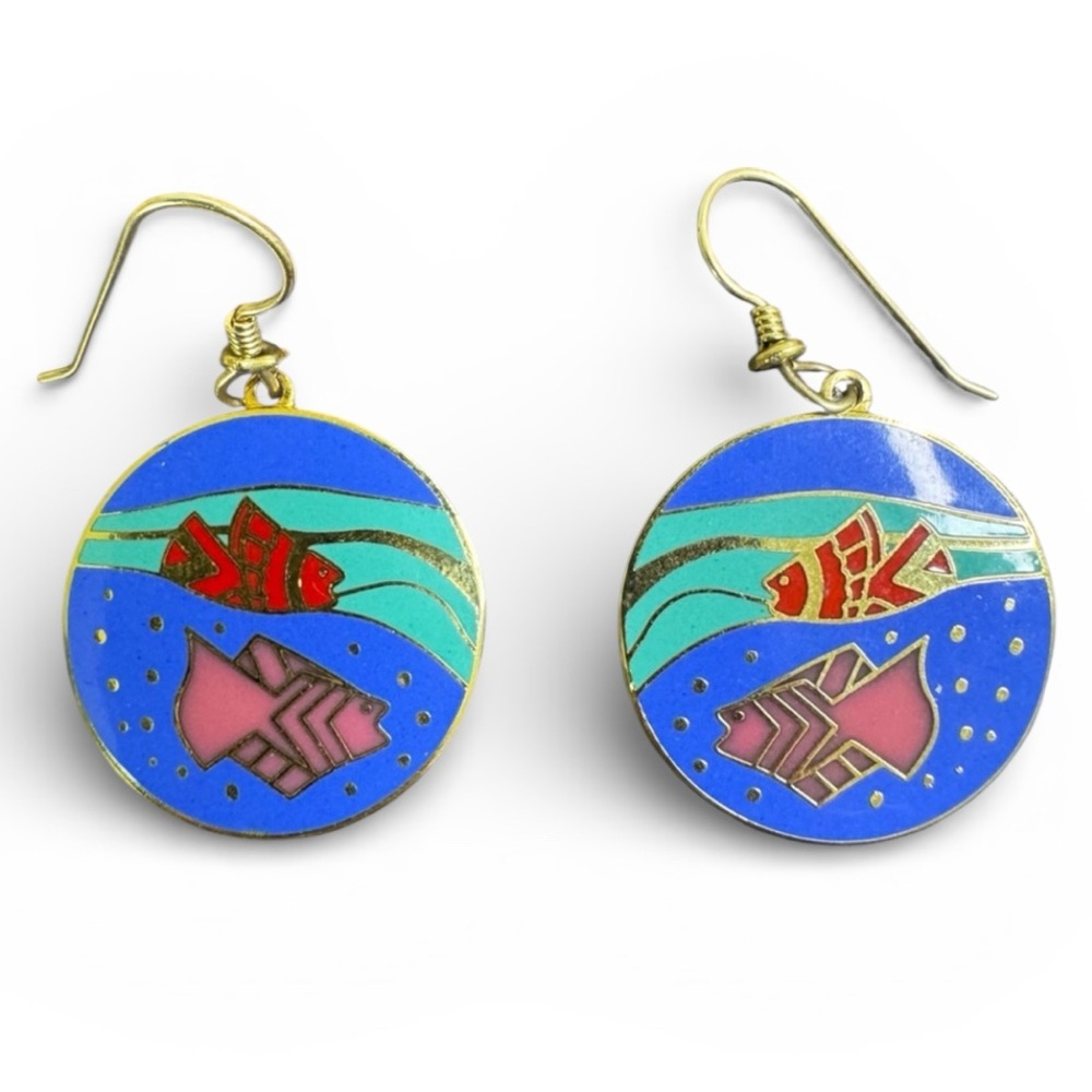 Laurel Burch Tropical Fish Enamel Earrings Blue Gold